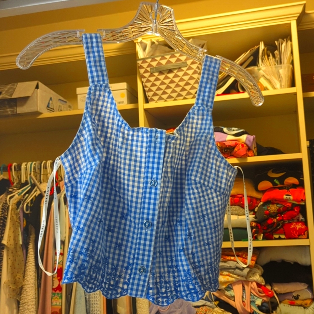 Size small gingham blue crop top with adjustable straps.